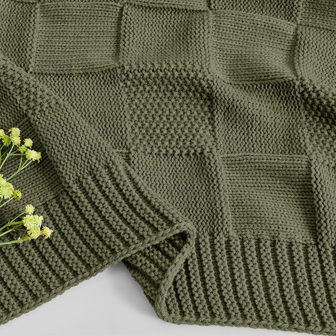 CozeCube Olive Green Knitted Checkered Throw Blanket 60"X80" | Check Knit Throw for Couch, Decorative Christmas Soft Cozy Warm Blanket for Bed Sofa Living Room