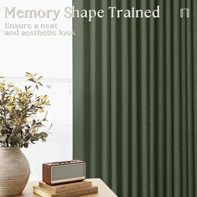TWODRAPES Olive Green Linen Pinch Pleated Curtains 84 Inches Long 2 Panels for Living Room Bedroom Linen Pleated Hooks Rings Back Tab Light Filtering Loden Moss Green Farmhouse Drapes 84 Inch Length