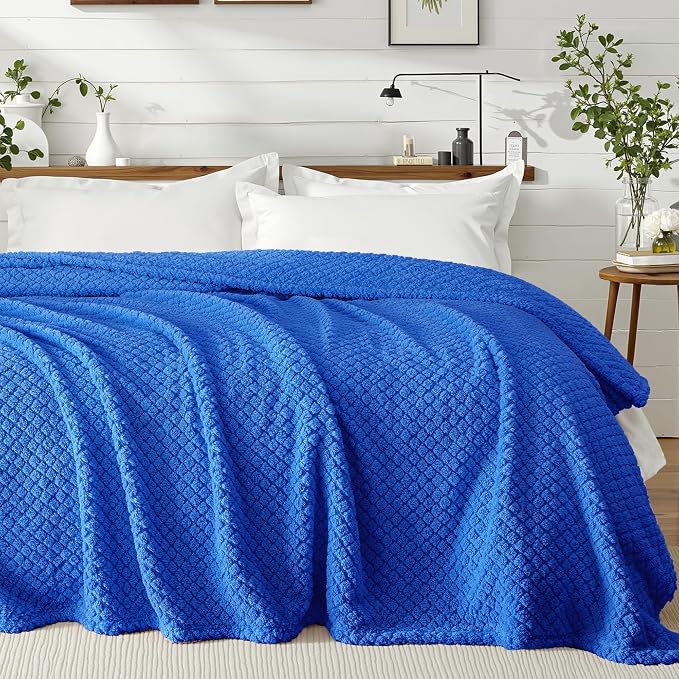 Exclusivo Mezcla Soft Fleece Queen Size Blanket for Bed, Cobalt Blue | Jacquard Lightweight Cozy Bed Blanket, Breathable Decorative Fuzzy Textured All Season Use, 90x90 Inches