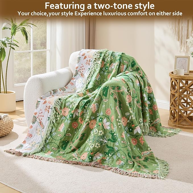 VANJOROY Boho Throw Blanket, 100% Organic Cotton Breathable Skin-Friendly Ultra Soft 50" x 60" Bed Quilt Green Throw - Floral Rustic Decor Luxury Reversible Blanket for Sofa Couch Chair and Gift,