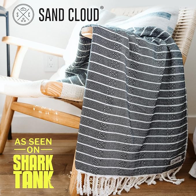 Sand Cloud Turkish Beach Towel - Sand Resistant - 100% Certified Organic Turkish Towel - Quick Dry Towel for Beach, Picnic, Blanket or Bath Towel - As Seen on Shark Tank - Gocek (Black)