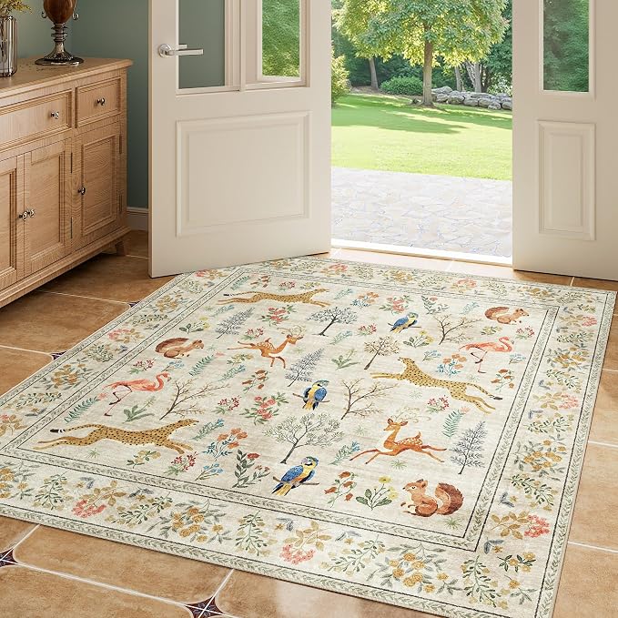 DUKINO 4x4 Square Area Rug, Washable Animal Rug for Entryway, Beige | Non Slip, Low Pile, Soft Indoor Carpet for Bedroom, Kitchen, Office, Kids Room, Farmhouse, Pet Friendly, Stain Resistant