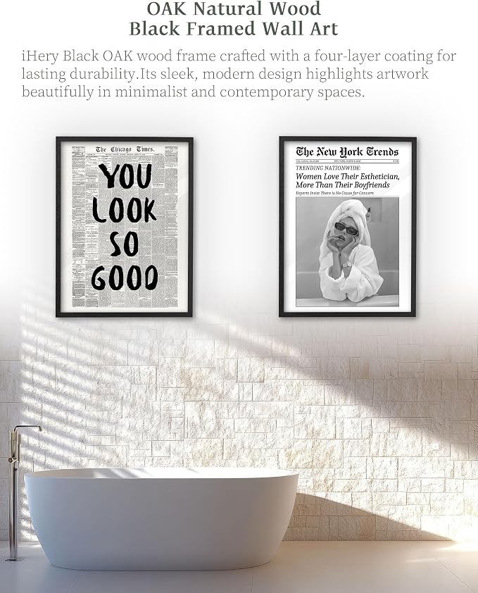 iHery 16x20in You Look So Good Framed Newspaper Inspirational Wall Art | Premium Black OAK Wood Frame with Canvas Print, Vintage Newspaper Decor for Bedroom, Dorm, Vanity Room Living Room, 1Pack