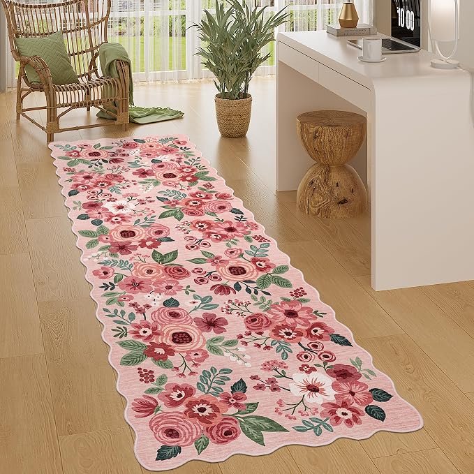 DUKINO 2.6x8 Runner Rug, Floral Washable Kitchen Rugs Non Slip, Pink | Low Pile, Stain Resistant, Soft Throw Carpet Runner for Hallway, Entryway, Bedroom, Bathroom, Pet Friendly, Modern Home Decor