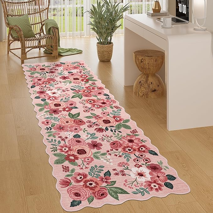 DUKINO 2x10 Runner Rug for Hallway, Washable Kitchen Rug Non Slip, Pink | Soft, Low Pile, Floral Throw Rug Runner for Entryway, Bedroom, Bathroom, Laundry, Pet Friendly, Home Decor, Stain Resistant