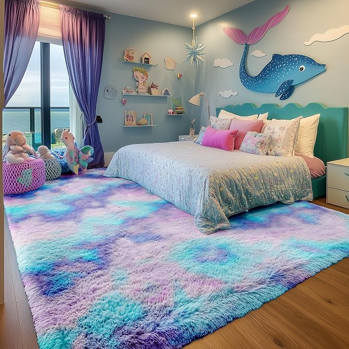 PAGISOFE Cute Kawaii Rugs for Girls Bedroom, 5x8 Rainbow Purple Area Rug, Soft Fluffy Shag Rug for Girls Room Baby Kids Playroom Nursery Classroom Plush Furry Mermaid Rug, Fuzzy Pastel Colorful Carpet