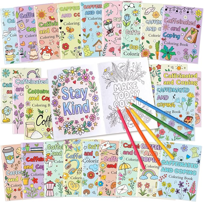 Liliful 24 Pcs Coffee and Coping Coloring Book Bulk Mini Coloring Books for Kids Adults DIY Art Relaxation Drawing Book with Patterns, Party Favors, Goodie Bag Filler and Holiday Gifts