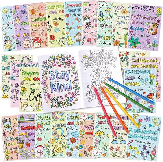 Liliful 24 Pcs Coffee and Coping Coloring Book Bulk Mini Coloring Books for Kids Adults DIY Art Relaxation Drawing Book with Patterns, Party Favors, Goodie Bag Filler and Holiday Gifts