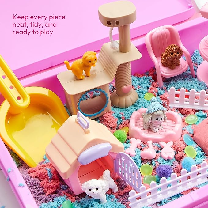 JOVA Klever Kits Cute Pet Sensory Bin for Toddlers with Glow in The Dark Stones, Sandbox with Lid Dual-Color Sand, Preschool Learning Activities Gifts for Boys Girls Age 3+