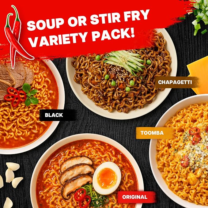 Nongshim Shin Ramyun, Shin Black, Neoguri, Chapagetti Korean Ramen, 16 Pack | Korean ramen variety pack with spicy beef, beef-bone, seafood and roasted black bean profiles
