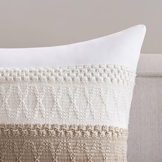 2pk Boho Pillow Covers 22x22, Natural White/Contrast/Taupe | 100% Organic Cotton Body, Stripe Embroidery, Farmhouse Decorative Cushion Covers for Sofa Bed Living Room Home Decor