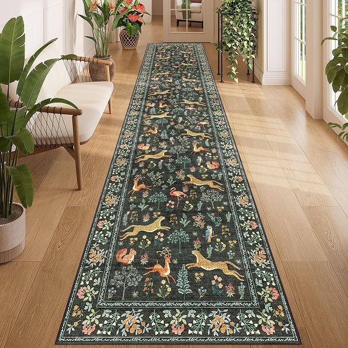 DUKINO 2.6x12 Hallway Runner Rug, Washable Animal Rug Non Slip, Black | Low Pile, Stain Resistant, Soft Indoor Long Carpet Runner for Entryway, Kitchen, Bedroom, Bathroom, Pet Friendly, Ultra-Thin