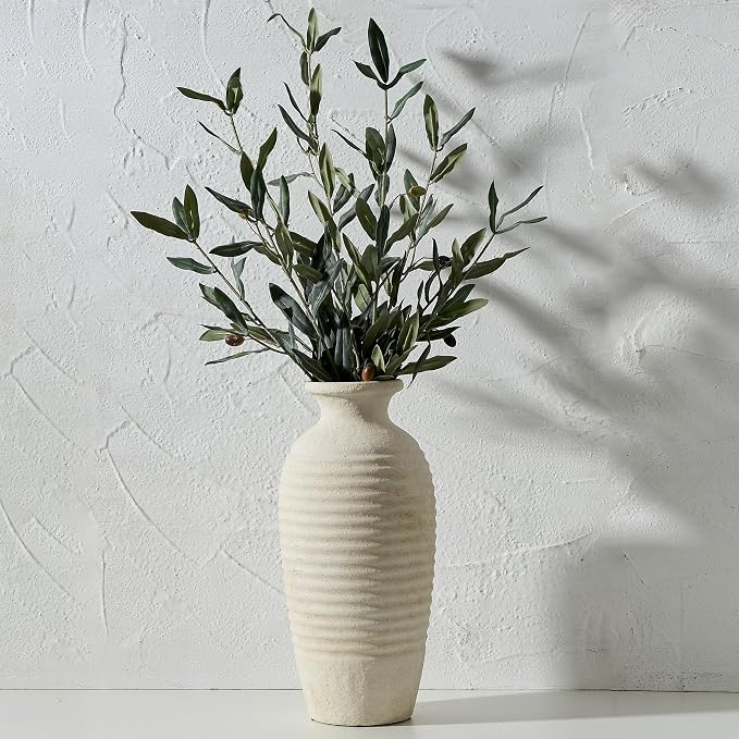 Vaseking Ceramic Natural Rustic Vase, 14.4 Inch Large Vintage Flower Threaded Decorative Farmhouse Tall Vase for Home Decor, Living Room, Shelf Decor, Wedding, Housewarming Gift, Off-White