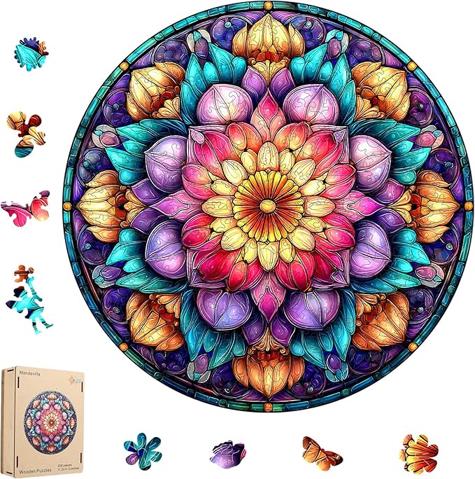 MEATRN Mandala Flowers Wooden Puzzles for Adults - 500 Pcs, 16.5x16.5 in, Fun Educational Wood Jigsaw Puzzle, Relaxing Wood Puzzle Game for Family & Friends Birthday Gift