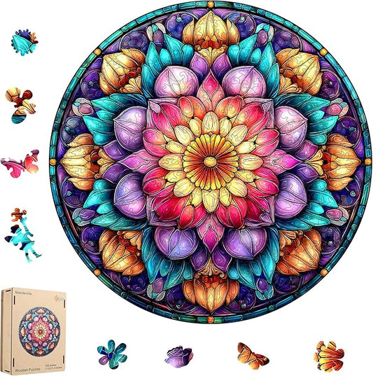 MEATRN Mandala Flowers Wooden Puzzles for Adults - 200 Pcs, 11.2x11.2 in, Fun Educational Wood Jigsaw Puzzle, Relaxing Wood Puzzle Game for Family & Friends Birthday Gift