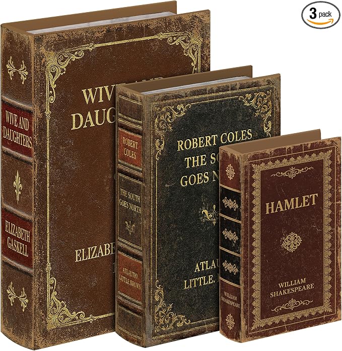 Vintage Faux Leather Decorative Book Box Set of 3 – Wooden Secret Storage Box with Magnetic Closure, Hidden Organizer for Bookshelf, Desk, or Office Decor (Classic Literature)