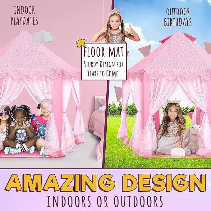 ORIAN Princess Castle Play Tent for Girls, LED Star Lights, Indoor & Outdoor Playhouse, Polyester, Pink, 55" x 53", Toddler & Kids Toys Ages 2–7