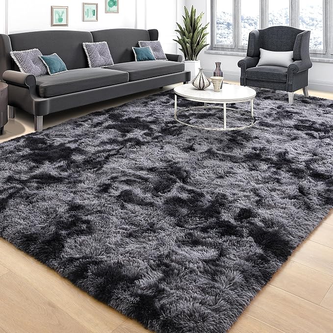 Tepook Area Rugs 9x12 for Living Room, Super Soft Fluffy Rugs for Bedroom, Modern Shaggy Rug Fuzzy Carpets for Kids, Plush Indoor Nursery Home Decor Rug with Non-Slip Bottom, Tie-Dyed Dark Grey