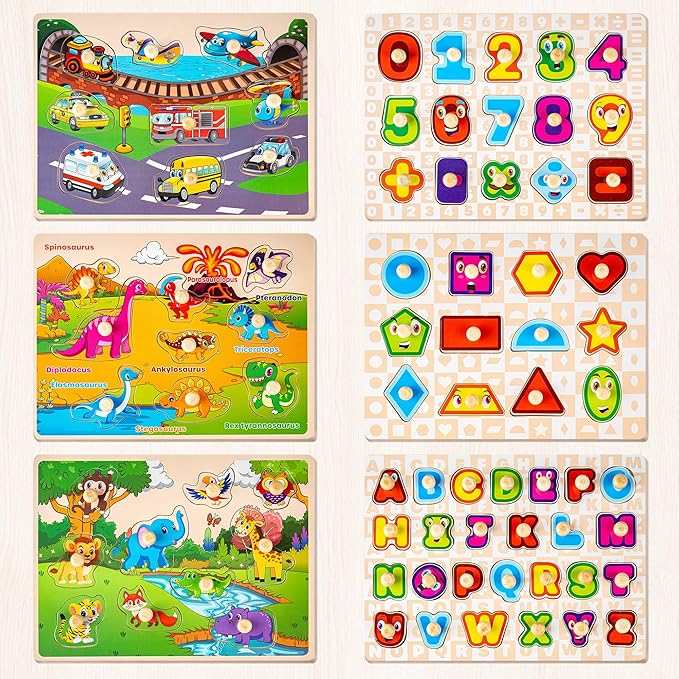 SYNARRY Wooden Puzzles for Toddlers 1-3, 6XSET Puzzles for Toddlers 2-4 with Rack, Learning Alphabet Number Shape Animal Dinosaur, Toddler Valentines Day Easter Basket Stuffers Gifts Toys for Boy Girl