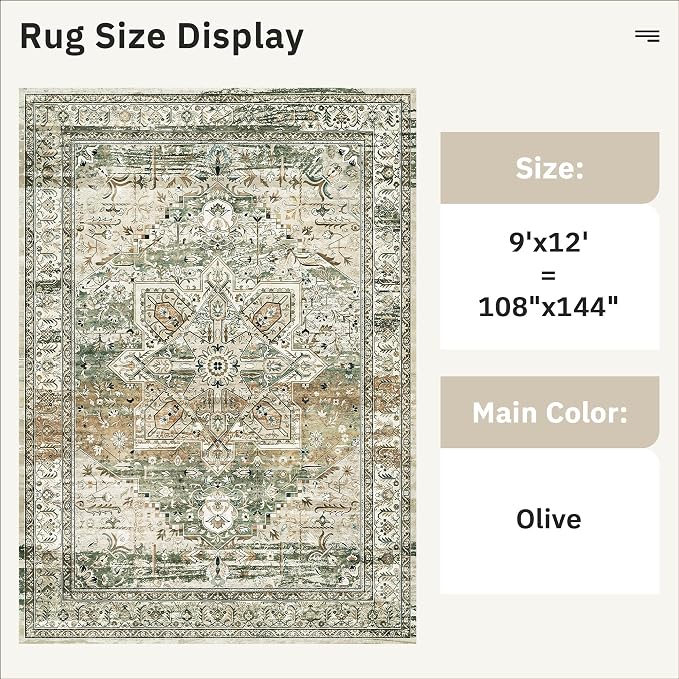 Soalmost 9x12 Area Rugs for Living Room Washable Rug Non-Slip Olive Beige | Large Vintage Stain Resistant Carpet for Dining Bedroom, Low Pile Lightweight Foldable Floor Mat Nursery Home Office Decor