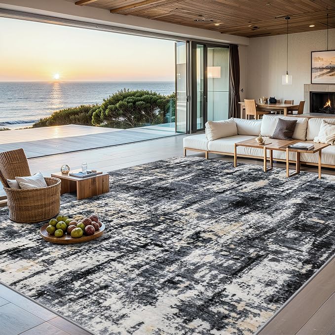 Area Rugs Living Room Rug - 5x7 Washable Modern Abstract Soft Neutral Non-Slip Carpet Large Indoor Floor Thin Carpets for Bedroom Dining Room Farmhouse Nursery Home Office Black Gold