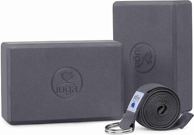 IUGA Yoga Blocks 2 Pack With Strap Non Slip High Density 9"x6"x3" Solid & Cork Yoga Block With Yoga Strap to Improve Strength Balance for Yoga Pilates Meditation