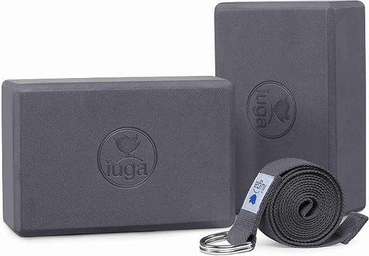 IUGA Yoga Blocks 2 Pack With Strap Non Slip High Density 9"x6"x3" Solid & Cork Yoga Block With Yoga Strap to Improve Strength Balance for Yoga Pilates Meditation