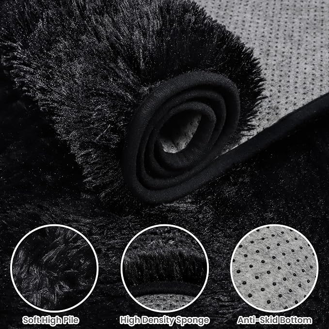 2x6 Bedside Area Rugs for Bedroom: Soft Fluffy Shag Black Rug for Hallway, Non-Slip Fuzzy Plush Living Room Rug Indoor Floor Carpet for Kids Rooms, Dorm, Nursery, Modern Home Aesthetic Decor