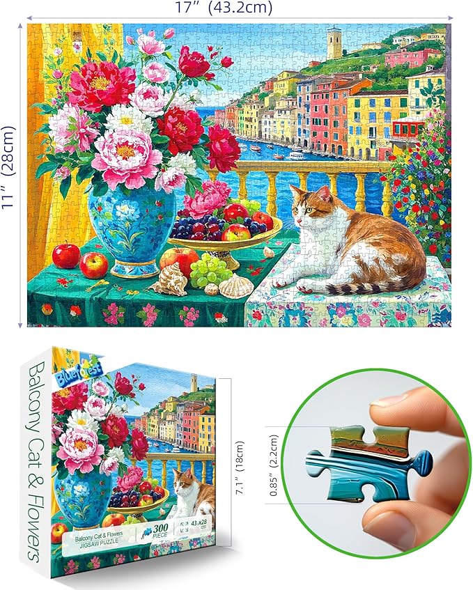 Cinque Terre Balcony Cat 300 Piece Puzzle for Adults, Fun Spring Puzzles for Adults 300 Pieces with HD Print & Poster, 17"x11" Dust Free, for Gifts Halloween Christmas Family Games Lovers