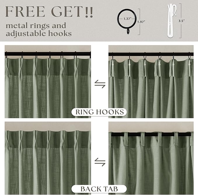 Pinch Pleated Sage Green Thick Linen Curtains 96 Inch Length 2 Panels Set | for Living Room Bedroom Window Sliding Glass Door, Light Filter Semi Sheer, Boho Farmhouse, Pinch Pleat with Hooks Rings 8ft