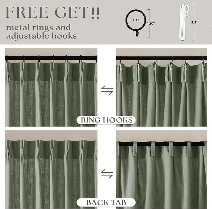 Sage Green Pinch Pleat Semi Sheer Linen Curtains 108 Inches Long 2 Panels | for Living Room Window, Farmhouse Boho, 400GSM Linen Textured, Pinch Pleated with Hooks Rings, Memory Shape, Light Filtering