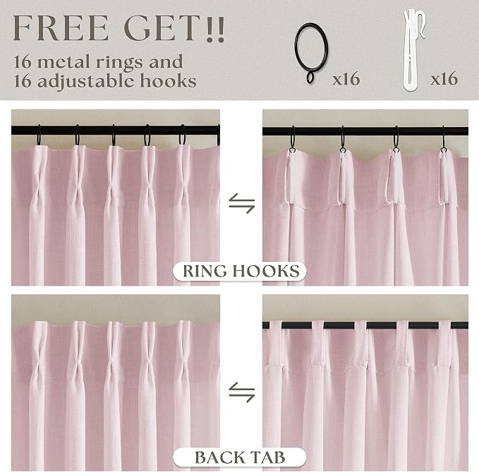Light Pink Linen Pinch Pleat Curtains 84 Inch Length 2 Panels Set 40x84 | for Nursery Girls Bedroom Living Room, Pinch Pleat Memory Shape Trained, Light Filtering Privacy Semi Sheer, Baby Pink Blush