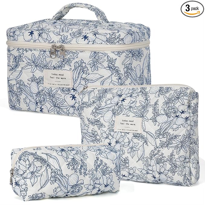 honitty Makeup Bag,Quilted Cosmetic Bags,Large Floral Make Up Organize bag,Makeup Bag Set for Women,Flower Travel Toiletry Bag