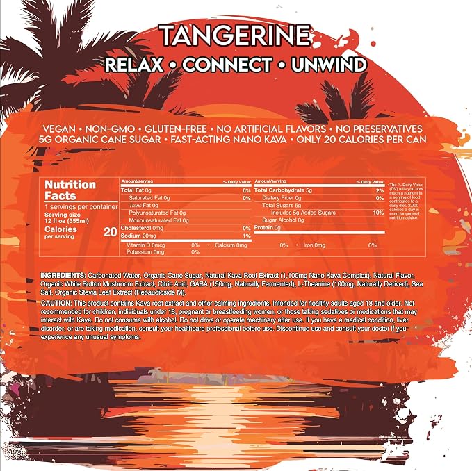 AVA Kava | Alcohol-Free Relaxation Drink | Tangerine | Fast Acting Nano Kava • Zero Sugar Alcohols • Vegan • Plant Based • No Preservatives • Natural Flavors • Non GMO • Gluten Free | 12oz Cans (6-Pack)