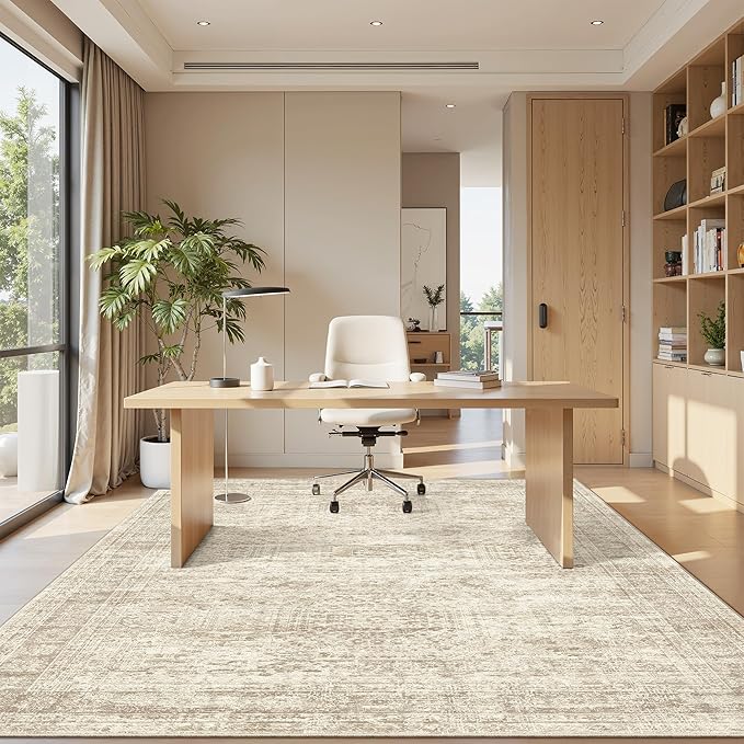 Soalmost 7x9 Area Rug for Living Room Washable Rugs Non-Slip Beige | Low-Pile Vintage Carpet for Dining Bedroom, Foldable Thin Stain Resistant Floor Mat Under Table Home Office Nursery Decor