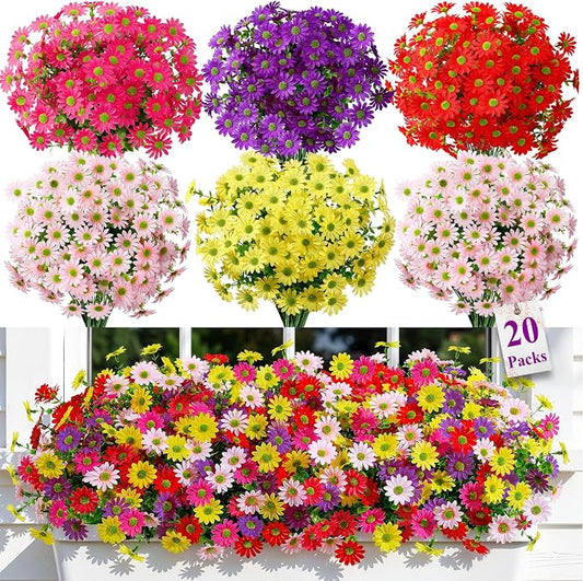 Alupssuc 20Pcs Artificial Flowers for Outdoors UV Resistant，No Fade Faux Daisy Flowers Weatheroof Fake Flowers for Indoor Outdoor Decor Real Touch Silk Flowers for Garden Proch Patio Mixed 5 Colors