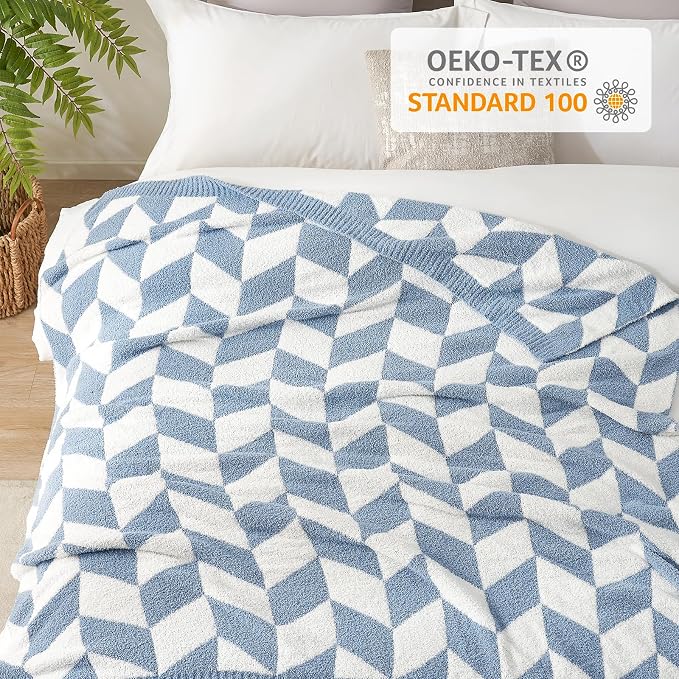 Snuggle Sac Chevron Throw Blanket for Couch, Reversible Super Soft Warm Blankets Cozy Knit Fuzzy Plush Lightweight Throws for Sofa, Bed, Camping, Blue, 50x60 inches