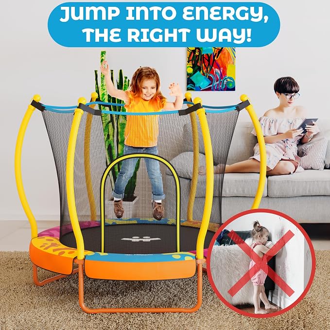 Happin® 55’’ Trampoline for Kids with Safety Enclosure, Indoor & Outdoor Toddler Trampoline, Ultra Safe Design with Multi Activity Accessories, Perfect Toddler Gift for Boys & Girls Ages 1–8