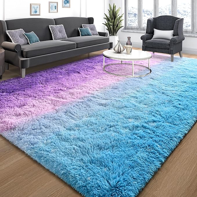 Tepook Fluffy Large Rugs for Living Room, Area Rug 6x9 Soft Carpet for Bedroom, Modern Shaggy Rug for Kids Boys Girls, Plush Indoor Nursery Home Decor Rug with Non-Slip Bottom, Purple and Blue