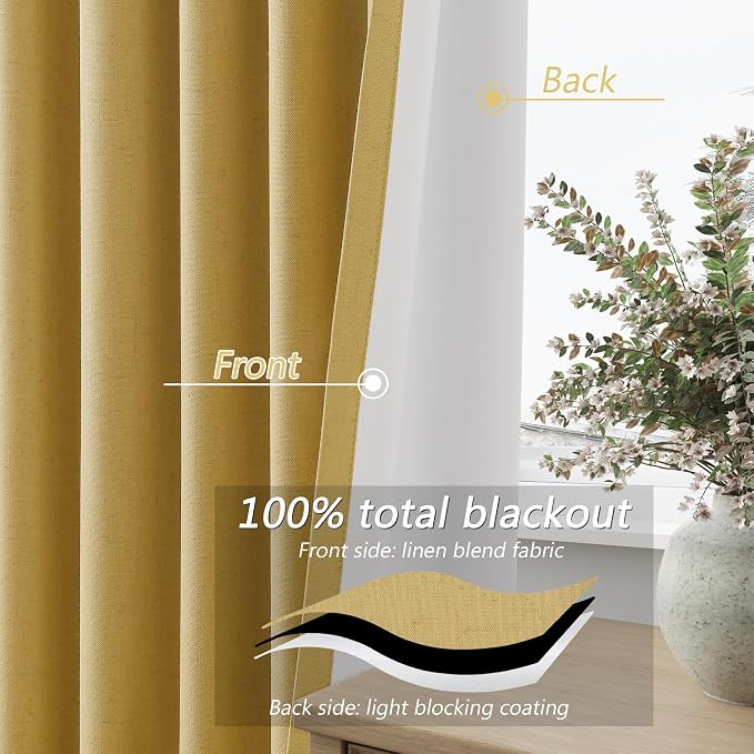 Guken 100% Blackout Curtains 84 Inch Length 2 Panels Set for Living Room Bedroom Back Tab Thermal Insulated Black Out Linen Drapes Room Darkening Window Curtains 84 Inches Long,Gold Yellow