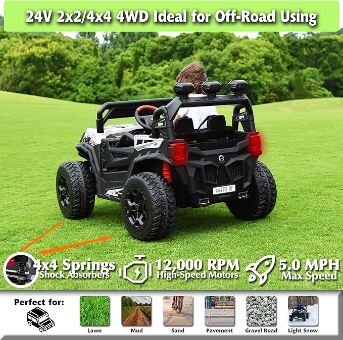 sopbost 24V 7Ah Ride On Toys for Big Kids Ride On Car with Remote Control Battery Powered 4x4 Electric Vehicle Kids UTV, EVA Tires Wheels, Music Play, White