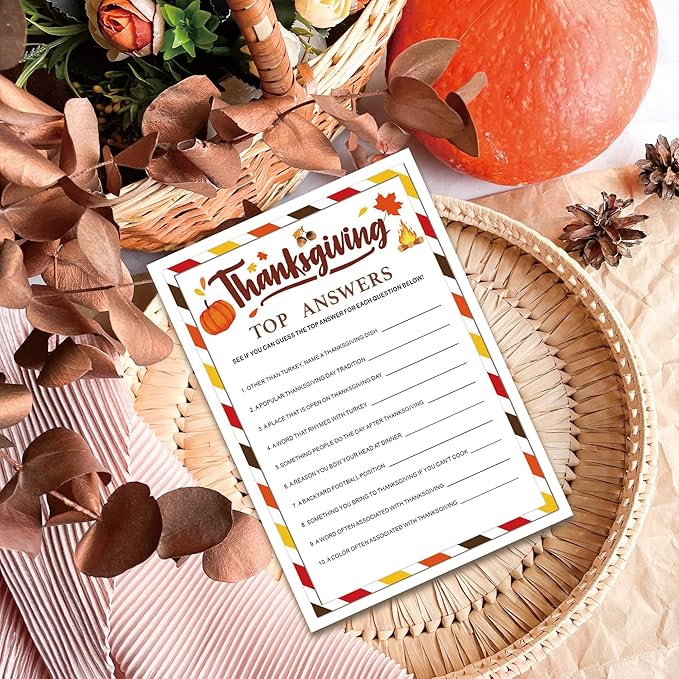 Thanksgiving Party Icebreaker Games Cards - Thanksgiving Top Answers Game Cards With Answer Card For 30 Guests, Turkey Dinner Party Activity for Teens Adults Party Favor And Supplies, 5 x 7 inches