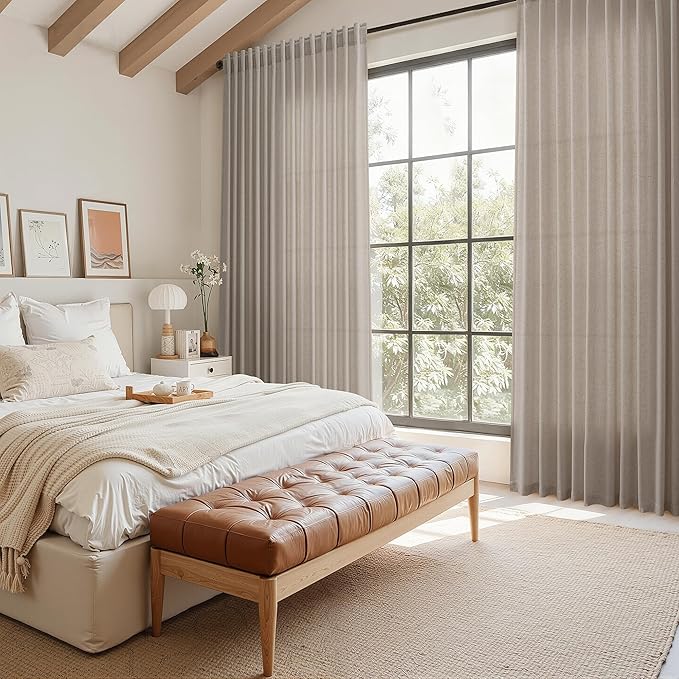Ecru Linen Curtains 132 Inch Length for Living Room Light Filtering Semi Sheer Curtain Back Tab Rustic Farmhouse Decor Burlap Elegant Drapes Floor to Ceiling High Window for Bedroom 52x132, 2 Panels