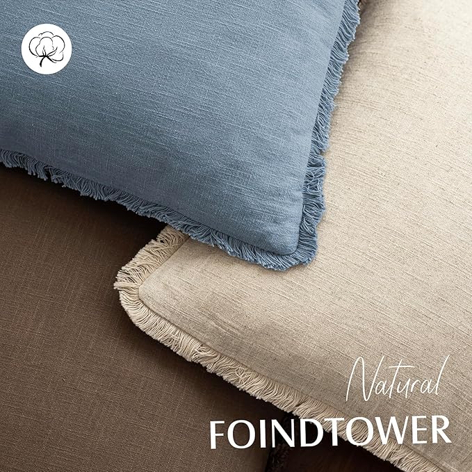 Foindtower Set of 2 Decorative Linen Fringe Throw Pillow Covers Cozy Boho Farmhouse Cushion Cover with Tassels Soft Accent Pillowcase for Couch Sofa Bed Living Room Home Decor, 20×20 Inch, Misty Blue