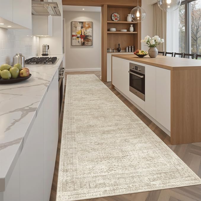 Soalmost Hallway Runner Rug 2'6"x10' Non-Slip Runners for Kitchen Beige | Washable Vintage Long Rugs 2.5x10ft Bathroom, Thin Low Pile Foldable 10ft Floor Carpet Mat for Entryway Corridor Bedroom