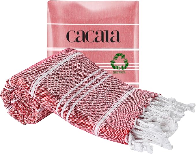 Cacala 100% Turkish Cotton Kitchen Tea Towels, Highly Absorbent Luxury Soft Quick Drying Dish Towel with Hanging Loop for Gym, Yoga, Bath, Sports, Cleaning and Kitchen (23 x 36), Red