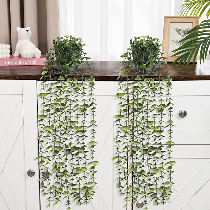 Waipfaru 2Pcs Fake Hanging Plants with Pot, Potted Faux Eucalyptus | Fake Vines Ivy Artificial Plants Outdoor Faux Plants Indoor Bedroom Living Room Boho Wall Porch Shelf Decor