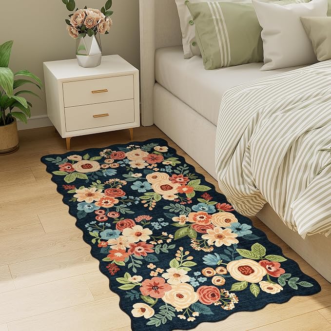 DUKINO 2x4 Rug for Entryway, Floral Washable Kitchen Rugs, Navy Blue | Non Slip, Low Pile, Soft Throw Runner Rug for Hallway, Bedroom, Bathroom, Laundry, Pet Friendly, Home Decor, Stain Resistant