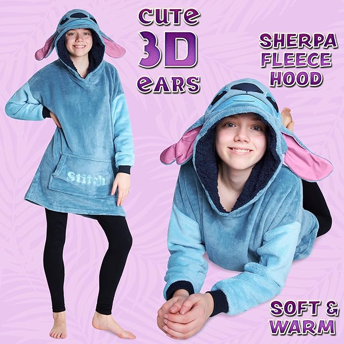 Disney Stitch Fleece Hoodie Blanket for Kids and Teenagers - One Size Fluffy Oversized Hoodie - Stitch Gifts