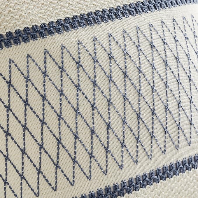 2pk Boho Pillow Covers 20x20, Natural White/Grid/Blue | 100% Organic Cotton Body, Stripe Embroidery, Farmhouse Decorative Cushion Covers for Sofa Bed Living Room Home Decor